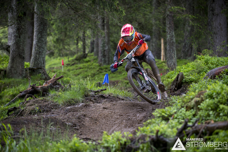Anneke Beerten of the Netherlands races down stage 1 during the 1st UEC MTB Enduro European Championships in Kirchberg, Tyrol, Austria, on June 21, 2015. Free image for editorial usage only: Photo by Manfred Stromberg
