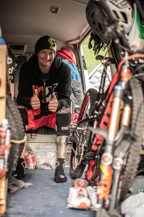 Competitor in the pit area at the 3rd stop of the European Enduro Series at Reschenpass, Austria, on July 25, 2015. Free image for editorial usage only: Photo by Andreas Vigl