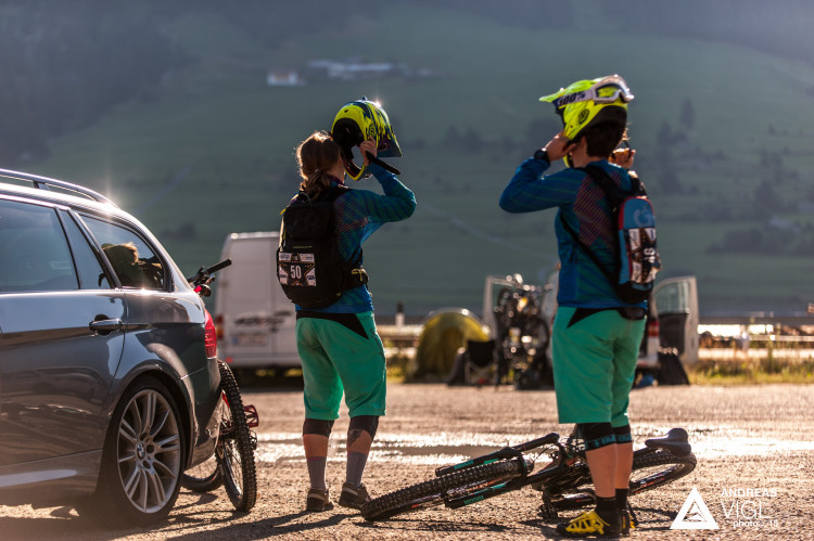 Competitors prepare for the 3rd stop of the European Enduro Series at Reschenpass, Austria, on July 26, 2015. Free image for editorial usage only: Photo by Andreas Vigl