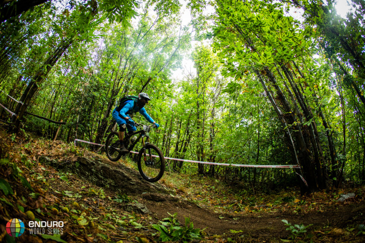 A rider in the forests of stage five. EWS round 8, Finale Ligure, Italy. Photo by Matt Wragg.