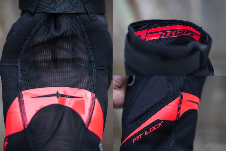 Close ups of the mesh back panel, R/L indication built into the anti slip inner grip, and the "Fit Lock" contoured rubberized section.